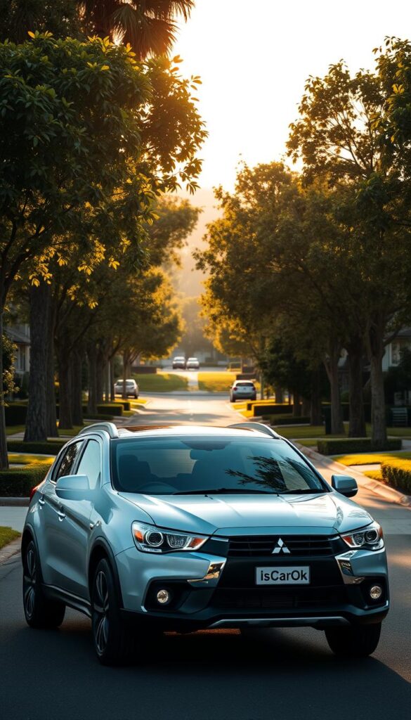 A sleek, modern Mitsubishi ASX 4x4 parked on a lush, tree-lined suburban street. The vehicle is illuminated by warm, golden sunlight, casting subtle shadows across its aerodynamic body. The ASX's IsCarOk logo is prominently displayed, signifying its fuel-efficient and environmentally-conscious design. In the background, a serene residential landscape provides a tranquil setting, emphasizing the car's integration with its surroundings. The image conveys a sense of efficiency, sustainability, and the harmonious coexistence of the Mitsubishi ASX with its natural environment.