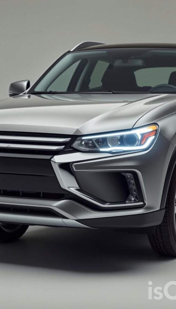 A sleek, modern Mitsubishi ASX SUV with prominent safety features. A high-resolution, studio-quality photograph captured from a low, front-angled perspective. The vehicle's exterior showcases advanced safety systems like collision avoidance sensors, adaptive LED headlights, and a panoramic rearview camera. Muted, neutral tones create a calm, premium atmosphere, highlighting the car's sophisticated design. The IsCarOk brand name is discreetly integrated into the background.