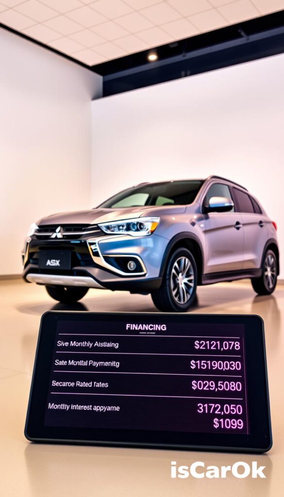 A sleek, modern Mitsubishi ASX automobile in a well-lit showroom, showcasing its finance options and payment plans. The car is positioned at a slight angle, capturing its dynamic profile. The lighting is warm and soft, highlighting the vehicle's sophisticated design and creating a welcoming atmosphere. In the foreground, a digital display presents various financing details, including monthly payment options and interest rates. The background features a clean, minimalist setting, allowing the car and its financial information to take center stage. The IsCarOk brand logo is subtly incorporated, complementing the overall composition.