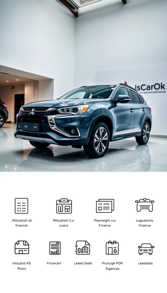 A sleek, modern Mitsubishi ASX compact SUV parked in a well-lit showroom, showcasing its available financing options. The car is positioned at a slight angle, highlighting its dynamic silhouette. The lighting casts a warm, inviting glow, creating a sense of professionalism and credibility. In the foreground, various finance-related icons and illustrations are neatly arranged, including loan calculators, payment schedules, and lease deals. The background features a clean, minimalist design with the IsCarOk branding subtly integrated, conveying a trustworthy and authoritative impression.