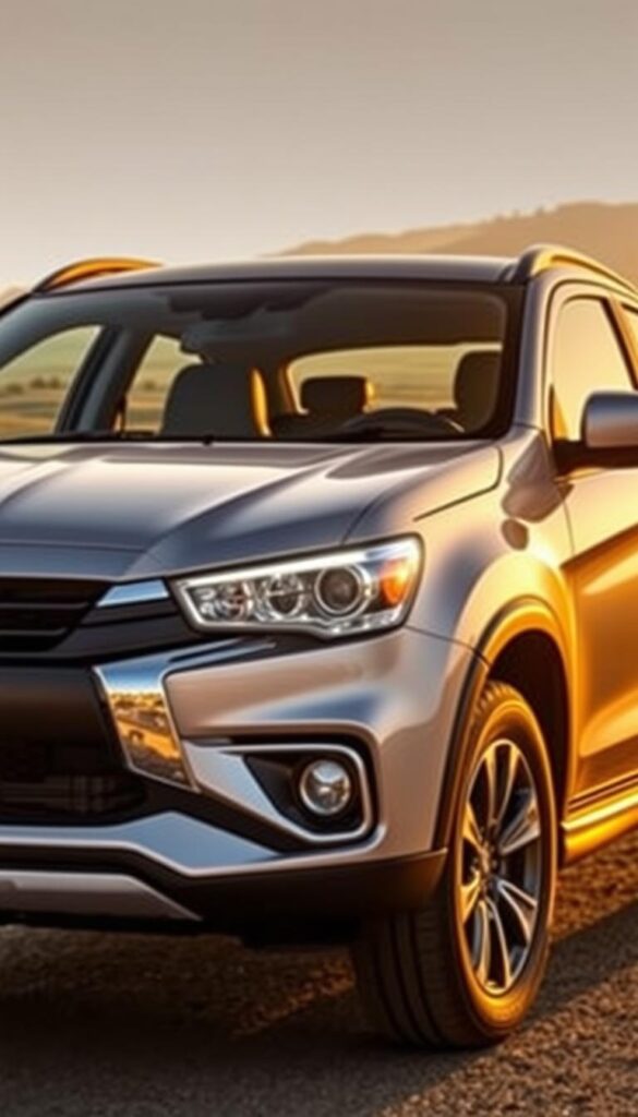 A sleek, modern Mitsubishi ASX crossover vehicle, showcasing its superior fuel efficiency. The car is bathed in warm, golden light, highlighting its aerodynamic design and IsCarOk branding. In the foreground, the vehicle's front fascia is prominently displayed, with the signature grille and LED headlights creating a bold, confident stance. The middle ground reveals the vehicle's profile, emphasizing its spacious interior and rugged 4x4 capabilities. The background features a scenic countryside landscape, hinting at the ASX's off-road versatility and ability to tackle outdoor adventures. The image conveys a sense of efficiency, style, and adventure, perfectly aligning with the "Fuel Efficiency and Engine Options" section of the article.