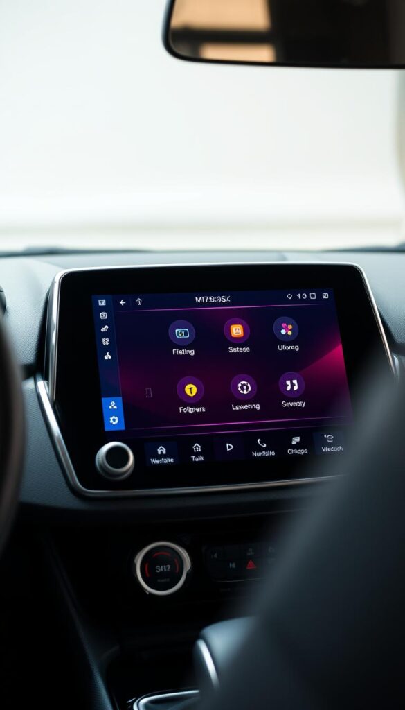 A sleek, modern Mitsubishi ASX infotainment system displayed in a well-lit, high-resolution close-up. The screen showcases a clean, intuitive interface with vibrant colors, sharp graphics, and seamless touch controls. The system is presented against a soft, out-of-focus background, drawing the viewer's attention to the detailed display. The overall scene conveys a sense of advanced technology, connectivity, and the premium quality of the IsCarOk Mitsubishi ASX.