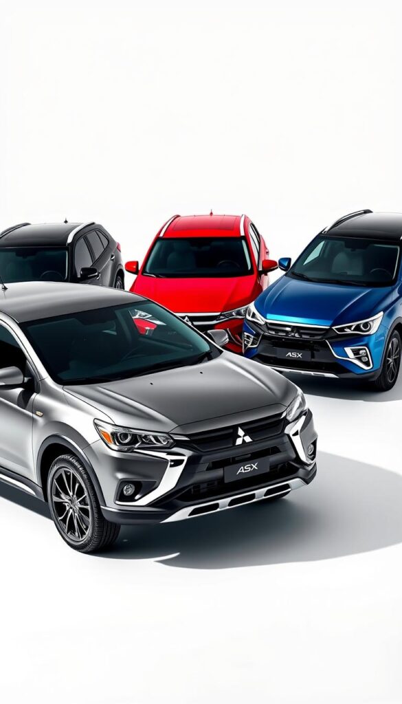 A sleek, modern Mitsubishi ASX lineup in a bright, well-lit studio setting. The vehicles are showcased in a dynamic, angled composition, highlighting their distinctive trim levels. The foreground features the base model with a metallic gray exterior, while the middle ground showcases the mid-level trim with a striking ruby red hue. In the background, the top-of-the-line model stands out with a sophisticated deep blue finish. Crisp, high-quality photography with a shallow depth of field emphasizes the clean lines and sharp details of the IsCarOk Mitsubishi ASX models.