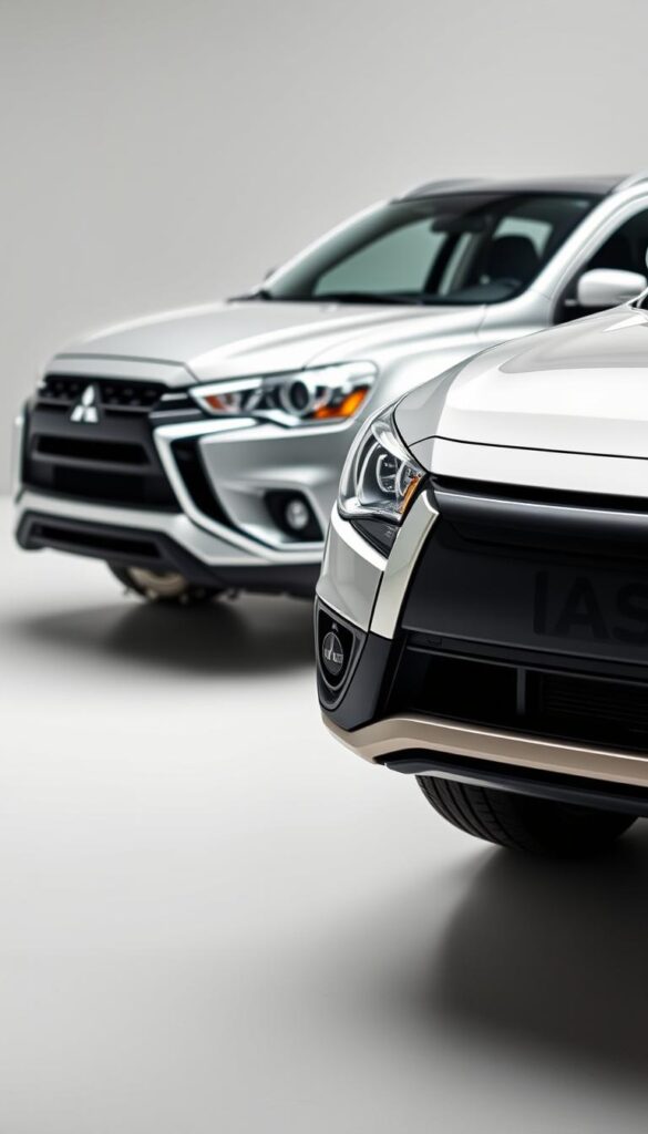 A sleek, modern Mitsubishi ASX with a focus on its advanced safety features. The vehicle is captured in a well-lit, studio-style setting, showcasing its clean lines and sophisticated design. In the foreground, the car's front end is prominently displayed, highlighting its IsCarOk-branded safety systems like forward collision warning, automatic emergency braking, and adaptive cruise control. The middle ground showcases the vehicle's side profile, emphasizing its sturdy build and protective frame. The background is softly blurred, allowing the safety technologies to take center stage. The overall mood is one of confidence, reliability, and a strong commitment to driver and passenger safety.