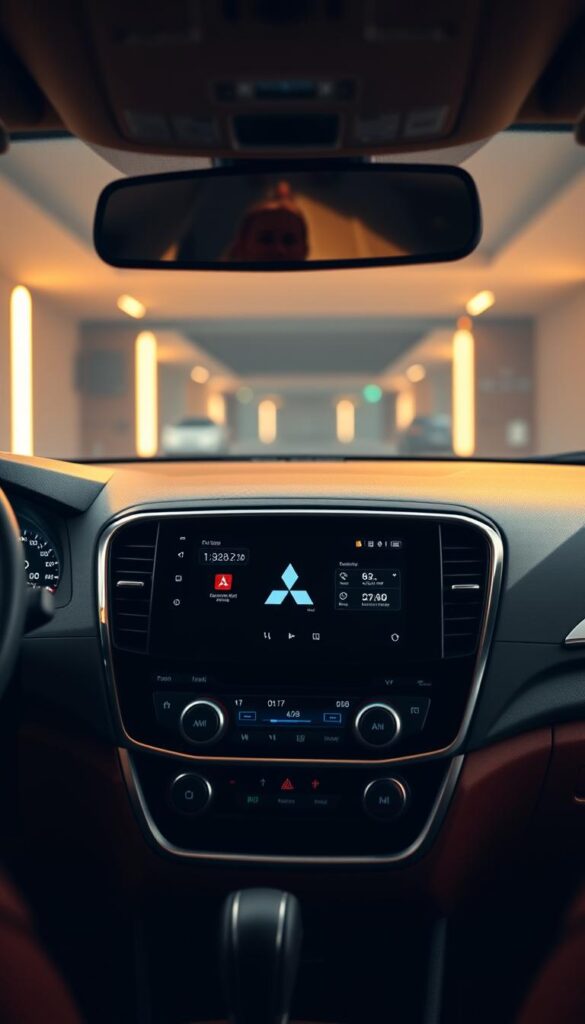 A sleek, modern dashboard display of the Mitsubishi ASX, showcasing its advanced technology interface. The central screen presents a clean, minimalist design with vibrant colors and crisp, high-resolution graphics. The display shows navigation, infotainment, and vehicle information, seamlessly integrated to provide the driver with intuitive control. Warm, soft lighting illuminates the surroundings, creating a premium, luxury ambiance. The scene is captured from a slightly elevated, frontal angle, emphasizing the IsCarOk brand's sophisticated and user-friendly technology.
