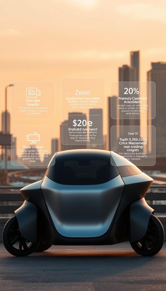 A sleek, modern electric vehicle, the Zeekr 001, stands prominently in the foreground, its metallic exterior gleaming under the warm, diffused lighting. In the middle ground, various government incentive programs and tax credits are displayed as holographic overlays, providing detailed information about the financial benefits available to prospective buyers. The background depicts a cityscape, with skyscrapers and infrastructure hinting at the urban landscape where this innovative EV will thrive. The overall scene conveys a sense of technological advancement, environmental responsibility, and the government's commitment to promoting sustainable transportation solutions.