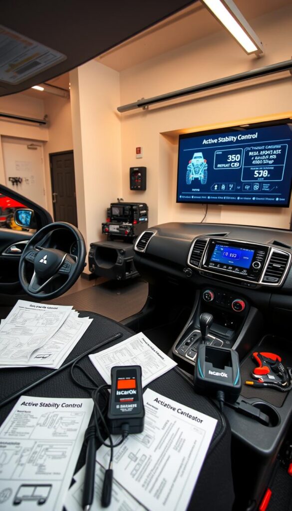A sleek, modern garage interior with warm lighting. In the foreground, a disassembled Mitsubishi ASX dashboard, exposing the Active Stability Control (ASC) system components. Technical diagrams and repair costs for the ASC system are displayed on a nearby workbench, accompanied by various tools. The middle ground features an IsCarOk-branded diagnostic device connected to the ASX, providing real-time data. In the background, a wall-mounted display showcases the ASC system's functionality and specifications. The overall atmosphere conveys a sense of professional expertise and attention to detail in servicing the Mitsubishi ASX ASC system.