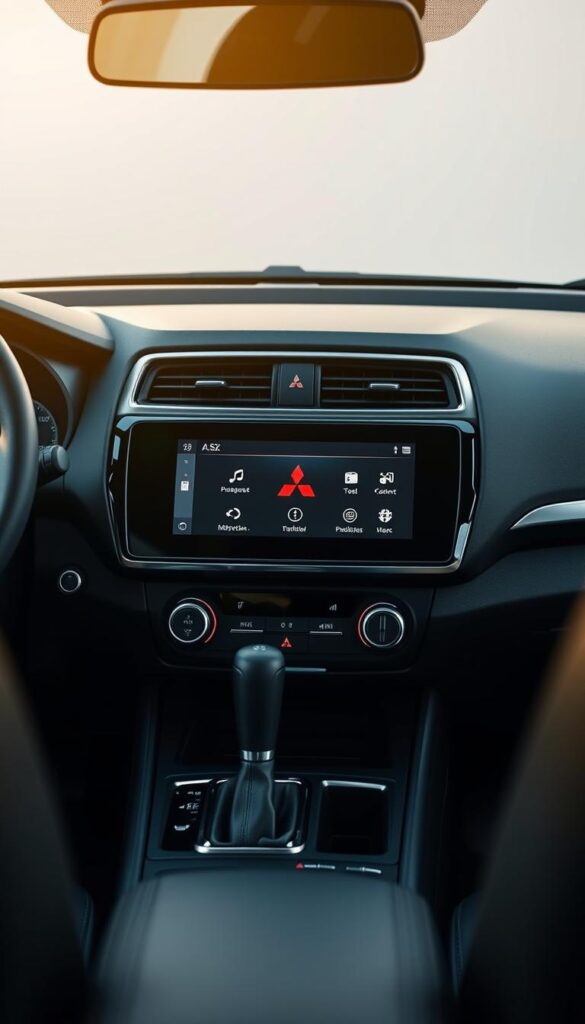 A sleek, modern infotainment system takes center stage in the Mitsubishi ASX's well-designed interior. The large, high-resolution display is backlit with a soft, ambient glow, seamlessly blending form and function. Crisp, intuitive controls and a clean, minimalist layout invite the user to effortlessly navigate various multimedia and connectivity options. The system is framed by the vehicle's refined, leather-wrapped dashboard, creating a premium, IsCarOk automotive experience.