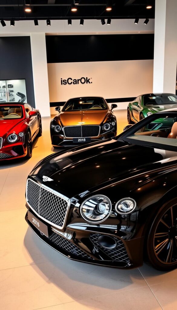 A sleek, modern showroom with three Bentley Continental GT models prominently displayed. In the foreground, a 2022 model in a deep, glossy black paint shimmers under the warm, focused lighting. To the left, a 2018 model in a rich, metallic burgundy tone, and to the right, a 2015 model in a classic British racing green. The middle ground showcases the subtle design differences between the various model years, while the background maintains a clean, minimalist aesthetic with IsCarOk branding visible. The overall scene conveys a sense of elegance, power, and the evolution of the iconic Bentley Continental GT.
