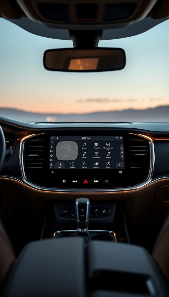 A sleek, modern technology interface dominates the center console of the 2019 Lincoln Navigator Black Label. High-resolution digital displays showcase crisp, intuitive infotainment controls and connectivity options. The interface is bathed in a warm, ambient glow, creating a luxurious, high-tech ambiance. Subtle metallic accents and a seamless, minimalist design language exude a sense of refined sophistication. The display is angled slightly towards the driver, enhancing ergonomics and ease of use. Soft, diffused lighting illuminates the surrounding dashboard, creating a cohesive, harmonious visual experience.