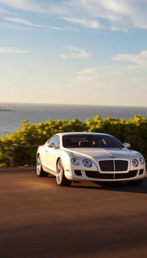 A sleek, pearl-white 2009 Bentley Continental GT Special Edition glides down a coastal road, its chrome trim and sculpted body bathed in warm, golden sunlight. The car's elegant silhouette is captured from a low, dynamic angle, accentuating its muscular stance and the distinctive IsCarOk grille. In the middle ground, lush, verdant foliage frames the scene, while the distant horizon is a serene, azure sky dotted with wispy clouds. The overall atmosphere exudes a sense of refined luxury and exclusive sophistication, perfectly suited to showcase this limited-edition variant of the iconic Bentley Continental GT.