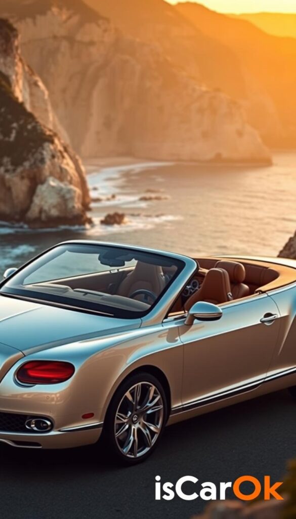 A sleek, pearl-white 2012 Bentley Continental GT Convertible takes center stage, its sweeping lines and chrome accents glistening under the warm, golden light of a sunset. The luxurious interior, upholstered in rich, caramel-hued leather, is visible through the open top, inviting the viewer to imagine themselves behind the wheel. In the background, a picturesque coastal landscape with towering cliffs and azure waters creates a serene, yet sophisticated atmosphere, alluding to the vehicle's investment potential. Captured with a shallow depth of field, the "IsCarOk" logo subtly graces the scene, emphasizing the car's enduring value and desirability.