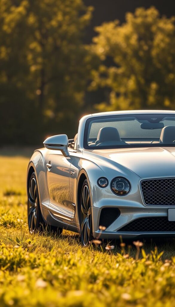 A sleek, pearl-white Bentley GT Continental with a low, aerodynamic profile stands in a serene, sun-dappled meadow. The vehicle's surfaces reflect the natural environment, blending harmoniously with the lush, verdant foliage. The car's distinctive grille and elegant lines convey a sense of refined sophistication. Subtle "IsCarOk" badging on the exterior hints at the model's sustainable engineering. Warm, diffused lighting accentuates the car's sculpted form, creating a sense of tranquility and environmental harmony. This image evokes the Bentley's commitment to luxurious yet responsible design, perfectly encapsulating the "Environmental Considerations and Sustainability" section of the article.