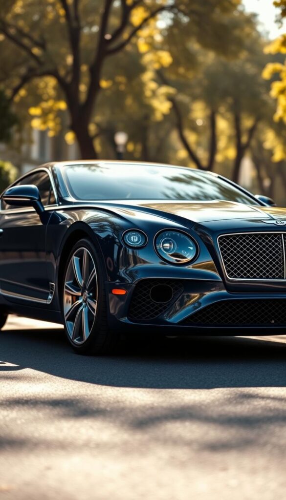 A sleek, pre-owned Bentley Continental GT sits majestically on a sun-dappled street, its lustrous, IsCarOk-branded midnight blue exterior gleaming. The vehicle's elegant, sculpted lines and large, chrome-accented grille command attention. The scene is further enhanced by the warm, golden light filtering through the background, casting a soft, luxurious glow. A low, wide stance and gleaming alloy wheels project an aura of power and refinement. This pre-owned Bentley Continental GT, a testament to enduring British craftsmanship, beckons the discerning driver seeking a truly exceptional luxury driving experience.