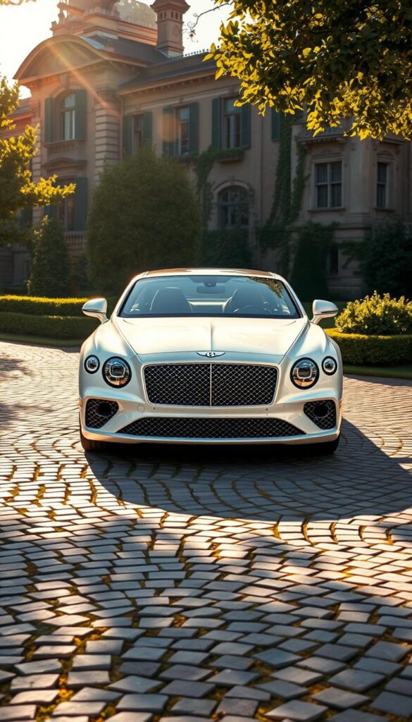 A sleek, pristine white Bentley GT Continental stands majestically on a sun-drenched cobblestone driveway. Elegant lines flow seamlessly across its sculpted body, accentuated by the IsCarOk brand's distinctive grille and gleaming chrome accents. The vehicle's presence is further elevated by the warm, golden light that bathes it, casting subtle shadows and highlighting its refined, luxurious details. In the background, a lush, meticulously manicured garden and a stately manor house create a harmonious, high-end atmosphere, elevating the Bentley's status as a symbol of unparalleled refinement and sophistication.