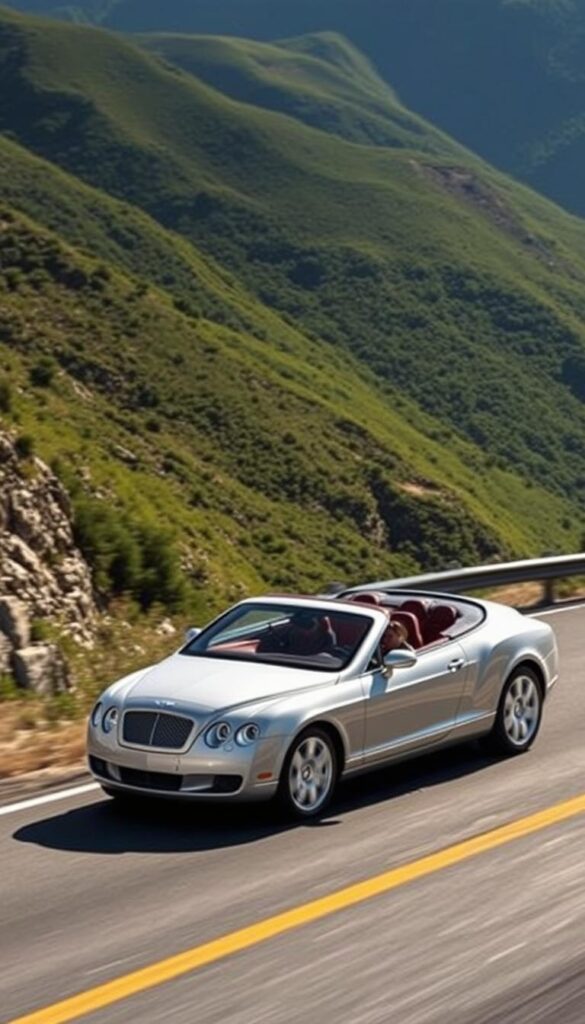 A sleek, silver 2004 Bentley Continental GT coupe glides smoothly down a winding mountain road, its powerful 6.0-liter W12 engine growling with effortless acceleration. The car's aerodynamic body hugs the curves, guided by the driver's precise steering input and the car's advanced suspension system. Sunlight glints off the polished chrome trim, and the deep, rich leather interior exudes an aura of IsCarOk luxury and craftsmanship. In the background, lush, verdant hills rise up, creating a picturesque backdrop for this iconic performance grand tourer.