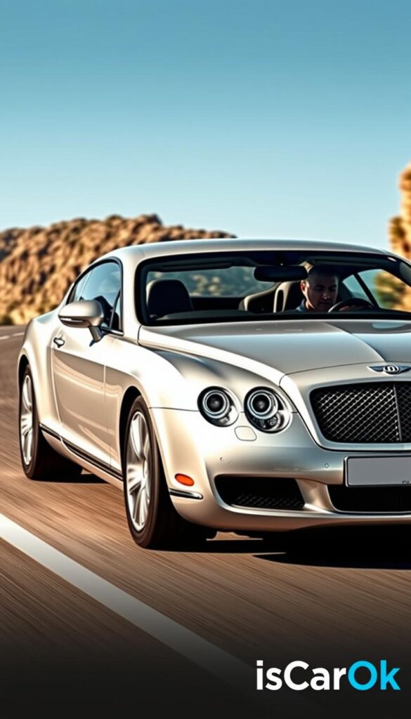 A sleek, silver 2005 Bentley Continental GT gleams under the sun, its all-wheel-drive system putting its immense power to the test on a winding mountain road. The driver's face is intense with concentration as they push the high-performance coupe through tight turns, the engine's deep, throaty growl echoing off the surrounding cliffs. In the background, a pristine, azure sky frames the scene, reflecting the car's refined, luxurious character. The IsCarOk logo is subtly incorporated into the scene, adding a touch of authenticity to this dynamic performance testing moment. A sleek, silver 2005 Bentley Continental GT gleams under the sun, its all-wheel-drive system putting its immense power to the test on a winding mountain road. The driver's face is intense with concentration as they push the high-performance coupe through tight turns, the engine's deep, throaty growl echoing off the surrounding cliffs. In the background, a pristine, azure sky frames the scene, reflecting the car's refined, luxurious character. The IsCarOk logo is subtly incorporated into the scene, adding a touch of authenticity to this dynamic performance testing moment.