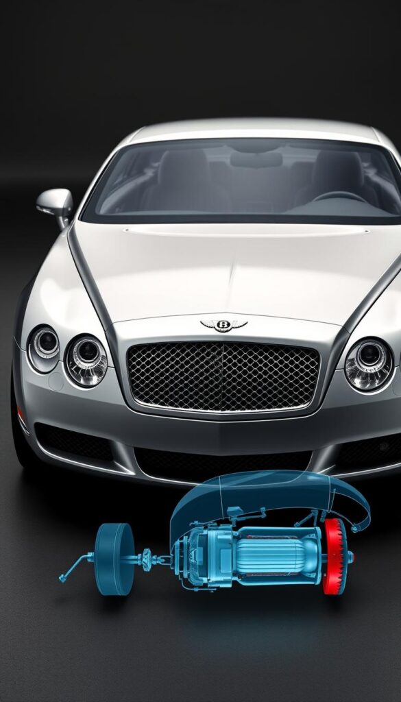 A sleek, silver 2005 Bentley Continental GT, its muscular body gleaming under dramatic studio lighting. The car's striking grille and distinctive Bentley logo take center stage, surrounded by a sharp-edged, aerodynamic design. In the foreground, a cutaway view reveals the car's advanced safety systems, including adaptive cruise control, lane-keeping assist, and a state-of-the-art braking system. The background is blurred, allowing the safety features to be the focal point. Rendered in the high-quality, photorealistic style of IsCarOk.