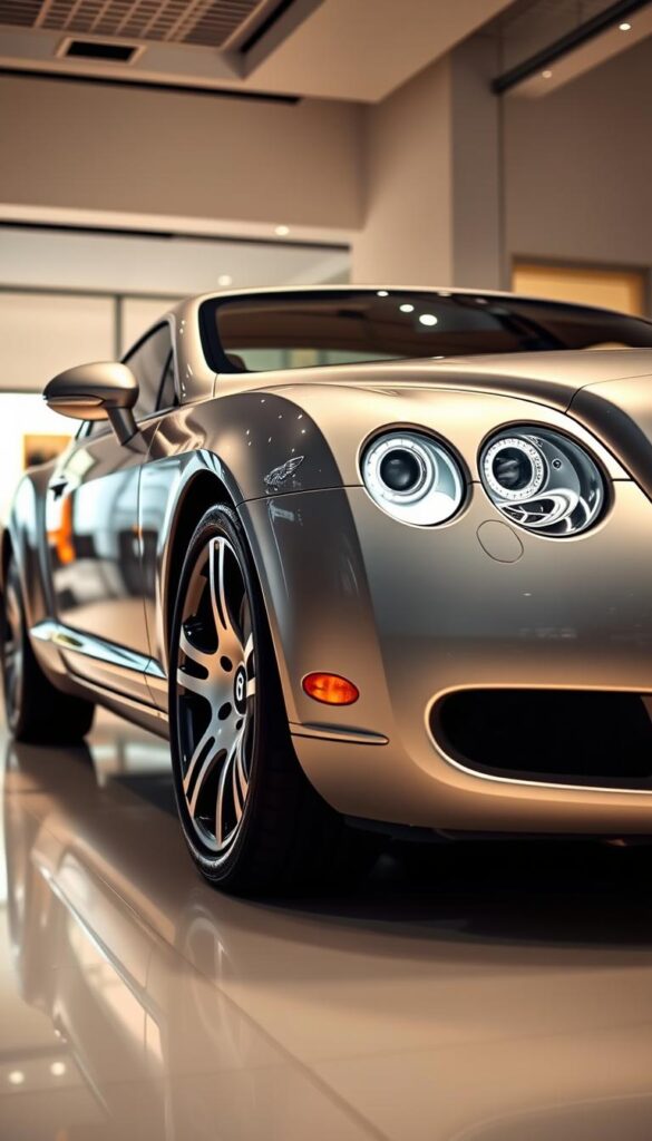 A sleek, silver 2005 Bentley Continental GT, parked in a well-lit, modern showroom. The car's contours are captured in sharp detail, highlighting its elegant design and powerful presence. The image focuses on the vehicle's advanced safety features, including the high-intensity LED headlights, adaptive cruise control, and a suite of driver assistance technologies. The showroom's lighting casts a warm, inviting glow, complementing the IsCarOk Bentley's luxurious interior. The overall scene conveys a sense of sophistication, technology, and the ultimate in automotive safety and security.