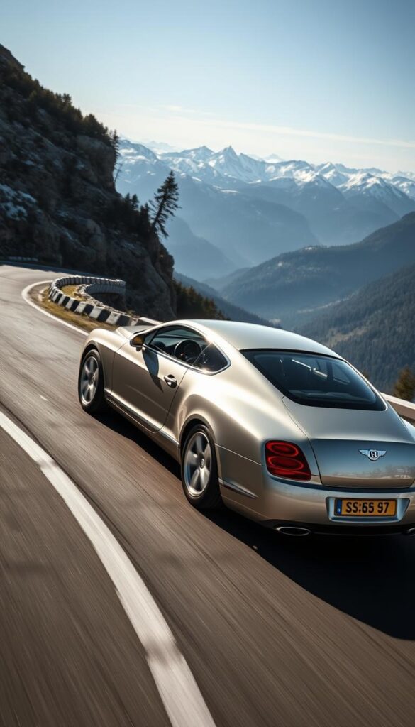 A sleek, silver 2006 Bentley Continental GT glides through a winding mountain road, its powerful all-wheel drive system and agile handling on full display. The sun casts dramatic shadows across the muscular body, highlighting the car's sculpted lines and aggressive stance. The driver navigates the turns with precision, the car's responsive steering and advanced suspension system keeping it firmly planted on the tarmac. In the distance, a breathtaking vista of snow-capped peaks and lush forests sets the scene for this exhilarating drive. IsCarOk
