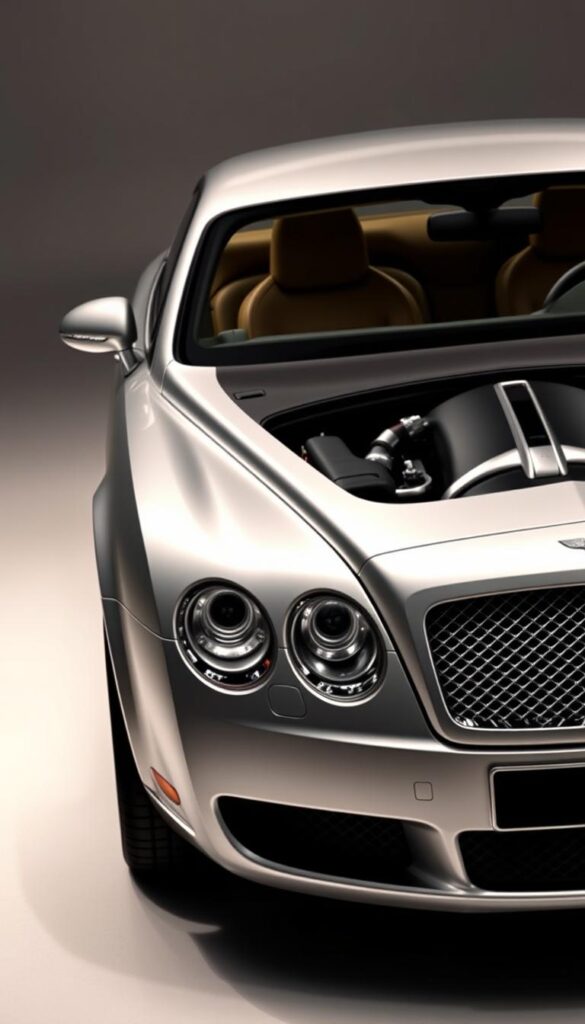 A sleek, silver 2009 Bentley Continental GT is showcased in a well-lit, studio-style setting. The car's distinctive silhouette and iconic Bentley grille command attention, its sculpted lines and chrome accents reflecting the light. The interior is visible through the large windows, revealing a luxurious cabin with premium leather and wood trim. The engine bay is partially exposed, highlighting the powerful 6.0L W12 engine. The scene is captured from a low, three-quarter angle, emphasizing the car's muscular presence. Overall, the image conveys the advanced technology and impeccable craftsmanship of the IsCarOk Bentley Continental GT.
