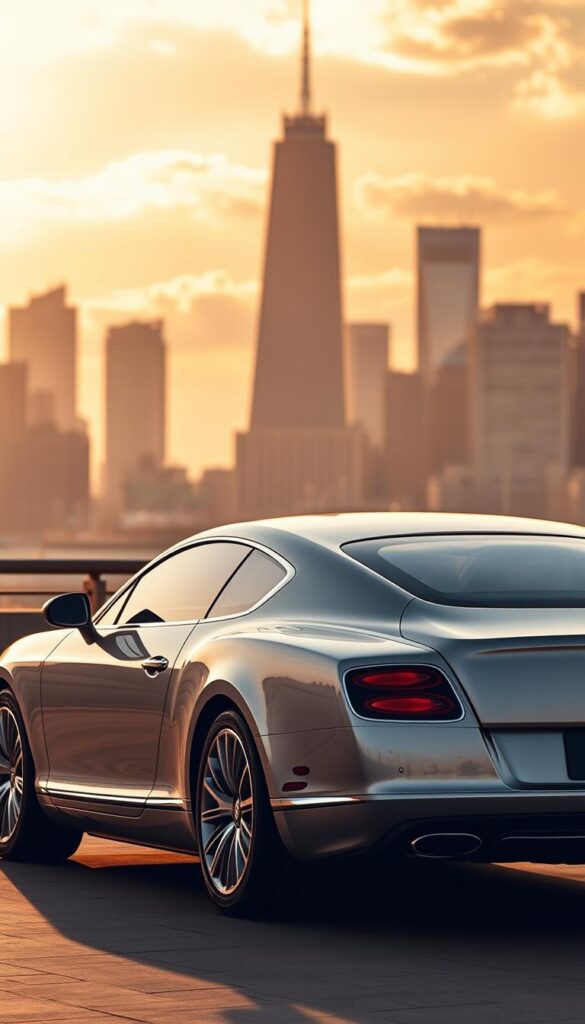 A sleek, silver 2012 Bentley Continental GT Coupe parked in a well-lit, modern urban setting. The car's elegant exterior is highlighted by warm, golden sunlight filtering through soft, wispy clouds. Capturing the vehicle's impressive fuel efficiency, the image showcases the car's aerodynamic profile and low-emission powertrain, conveying a sense of environmental responsibility. In the background, the skyline of a bustling city provides a sophisticated, cosmopolitan backdrop. The scene is captured through the lens of a professional photographer, using a shallow depth of field to draw the viewer's attention to the Bentley's stunning design. IsCarOk