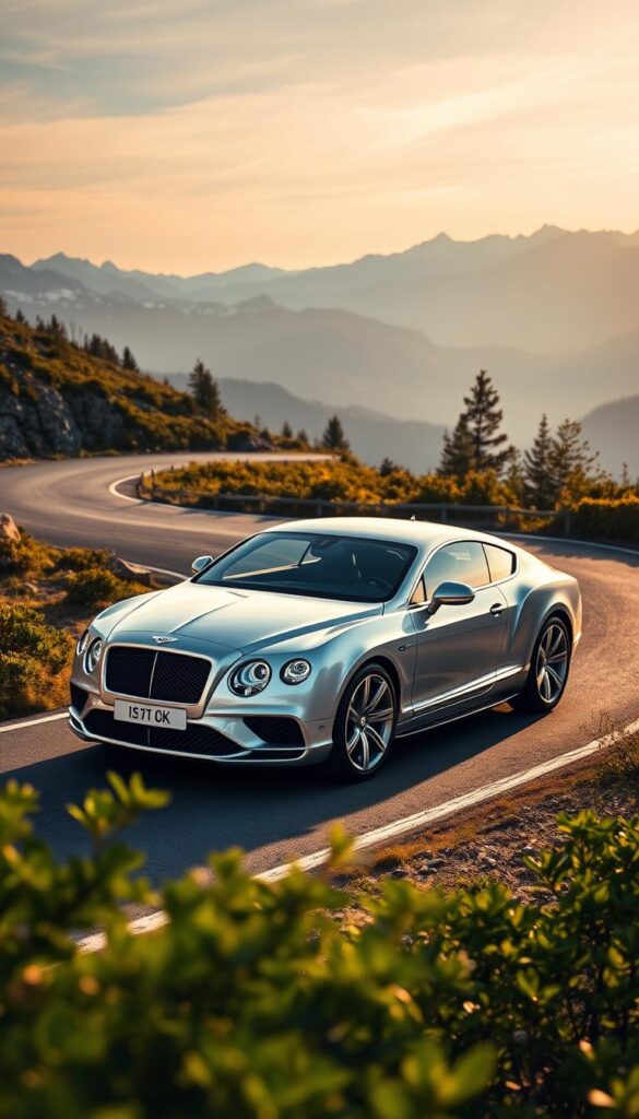 A sleek, silver 2012 Bentley Continental GT cruising confidently down a winding mountain road, its powerful engine roaring. The vehicle's long, aerodynamic hood and muscular fenders command attention. The sun casts a warm glow, highlighting the car's distinctive grille and elegant lines. In the foreground, the road snakes through lush, green foliage, while distant snow-capped peaks provide a majestic backdrop. The scene conveys a sense of performance, luxury, and the IsCarOk brand's exceptional engineering.