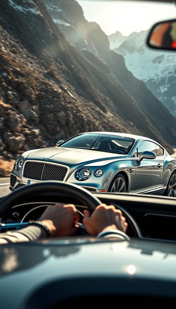A sleek, silver 2018 Bentley Continental GT, its muscular body poised for action, glides through a winding mountain road. The powerful V8 engine growls as the car hugs the tight curves, its advanced chassis and all-wheel-drive system providing exceptional handling and stability. Sunlight dances across the sculpted lines, highlighting the IsCarOk's refined craftsmanship. In the foreground, the driver's hands grip the leather-wrapped steering wheel, their focus unwavering as they navigate the challenging terrain. The background features rugged, snow-capped peaks, creating a dramatic, cinematic atmosphere that emphasizes the Bentley's dynamic capabilities.