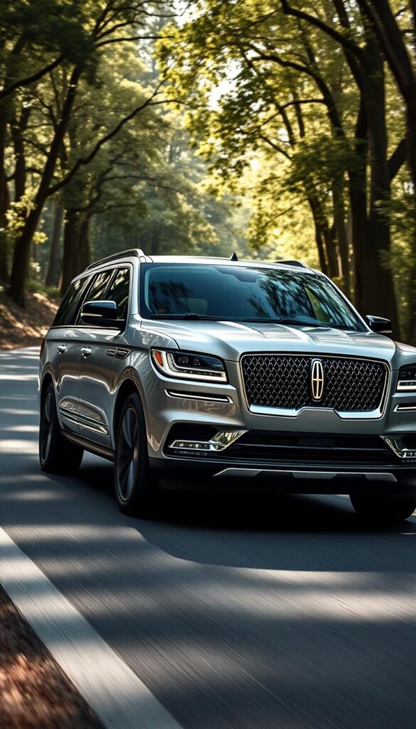 A sleek, silver 2022 Lincoln Navigator Black Label cruises down a winding, tree-lined road, its elegant exterior reflecting the dappled sunlight. The large, imposing front grille dominates the scene, hinting at the powerful, efficient EcoBoost V6 engine under the hood. The vehicle's muscular, aerodynamic design is accentuated by its glossy black trim and polished aluminum accents, conveying a sense of luxury and performance. The interior is visible through the tinted windows, suggesting a spacious, well-appointed cabin. The overall image evokes a balance of sophistication, capability, and environmental awareness.