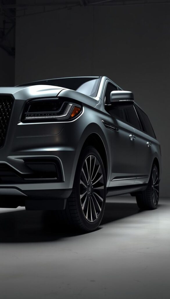 A sleek, silver 2024 Lincoln Navigator Black Label SUV stands in a dimly lit studio, its muscular frame illuminated by dramatic side-lighting. The vehicle's crisp, angular lines and bold grille convey an aura of power and sophistication. The camera captures the SUV from a low, dynamic angle, highlighting its imposing presence and the twin-turbocharged V6 engine that lies beneath the sculpted hood. The scene exudes a sense of refined performance, hinting at the Navigator's remarkable acceleration and handling capabilities. Subtle reflections on the glossy paint suggest a sense of luxury and attention to detail, inviting the viewer to imagine themselves behind the wheel of this striking American luxury SUV.