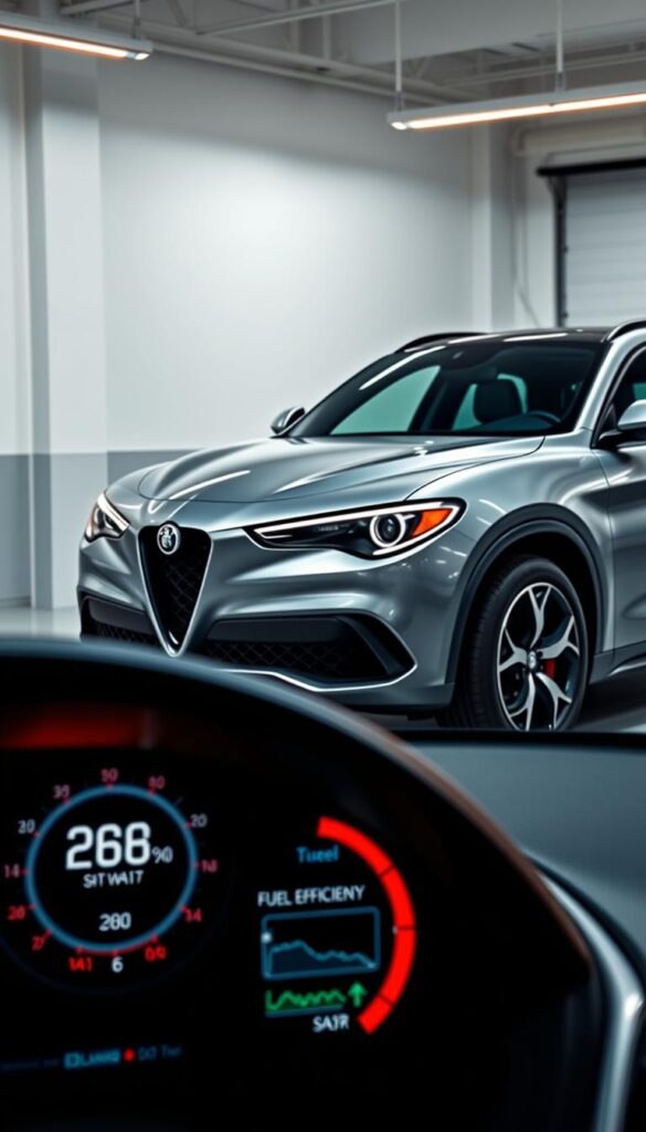 A sleek, silver Alfa Romeo Stelvio Quadrifoglio stands in a well-lit, modern garage. The powerful engine glistens under warm, directional lighting, showcasing its engineering excellence. In the foreground, a digital dashboard display prominently features the vehicle's impressive fuel efficiency statistics, highlighting its environmentally-conscious performance. The middle ground features the Stelvio's muscular silhouette, accentuated by sharp lines and bold accents. In the background, the garage's minimalist design and clean, reflective surfaces create a sense of sophistication and attention to detail. This image conveys the Stelvio Quadrifoglio's balance of power, efficiency, and refined aesthetic, perfectly complementing the "Fuel Economy and Environmental Impact" section of the article.