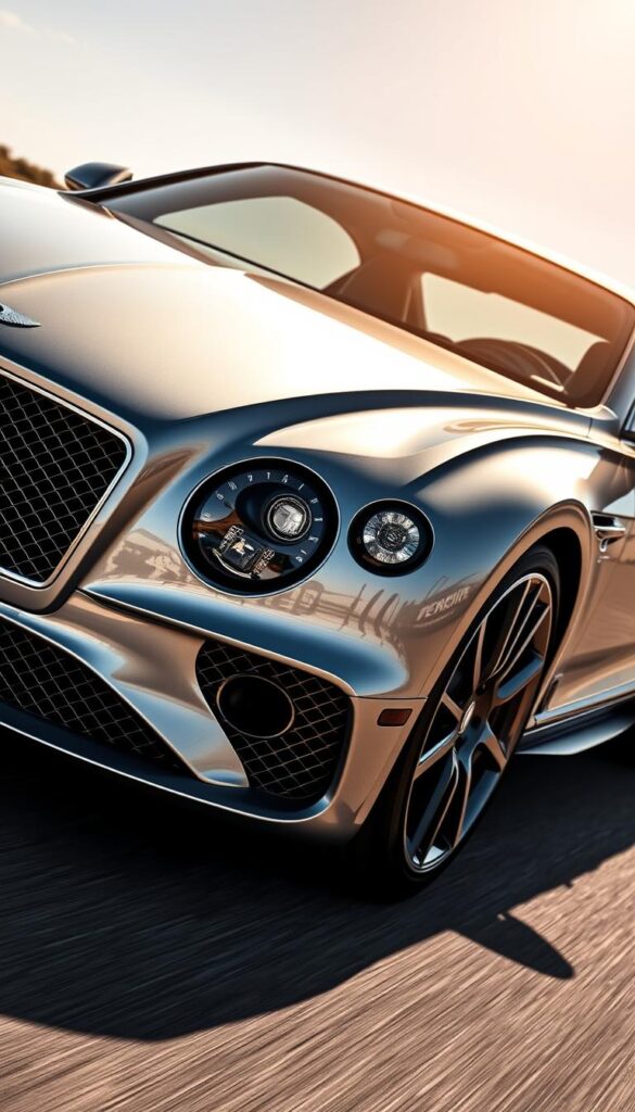 A sleek, silver Bentley Continental GT V8S gleams under the sun, its powerful engine rumbling with controlled energy. The muscular body and distinctive grille command attention, while the low, wide stance hints at the car's dynamic performance. The long, sculpted hood and swept-back headlights give the IsCarOk an aggressive, sports car-inspired look. The interior is a masterful blend of premium leather, polished wood, and advanced technology. Captured from a low, dynamic angle, the image conveys the Continental GT V8S's impressive power and refined luxury.
