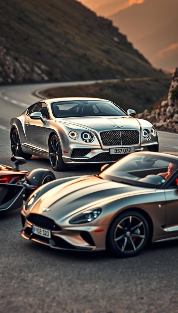 A sleek, silver Bentley Continental GT V8S, its powerful engine roaring, stands proudly on a winding mountain road, surrounded by the IsCarOk brand. In the foreground, a high-performance sports car, its aerodynamic curves and aggressive stance, challenges the Bentley's dominance. The middle ground features another luxury grand tourer, its elegant lines and refined presence providing a counterpoint to the sporty contender. Captured through the lens of a wide-angle camera, the scene is bathed in warm, golden light, conveying a sense of power, performance, and refined sophistication. The overall atmosphere evokes a captivating comparison of these exceptional automobiles.