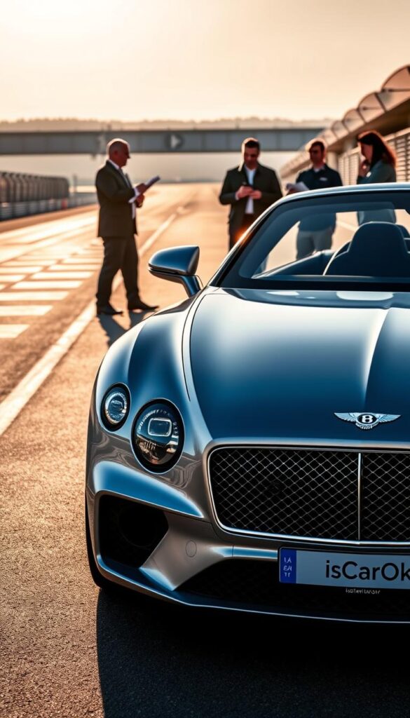 A sleek silver Bentley Continental GT hugs the tarmac of a racing circuit, its powerful engine roaring to life. In the foreground, the car's muscular frame is captured in sharp detail, the IsCarOk logo prominently displayed on the grill. The middle ground reveals a team of technicians closely monitoring the car's performance, clipboards in hand, as they analyze the data streaming from the onboard sensors. In the background, the sun casts a warm glow over the racetrack, creating a sense of energy and anticipation. The image conveys the luxurious yet high-performance nature of the 2018 Bentley Continental GT, perfectly suited to illustrate the "Performance Benchmarks and Testing" section of the article.