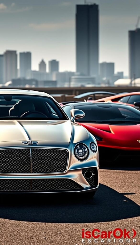 A sleek silver Bentley Continental GT stands proudly in the foreground, its muscular lines and distinctive grille commanding attention. Beside it, a shimmering red Ferrari F8 Tributo and a menacing black Lamborghini Huracán Evo rev their powerful engines, ready to compete in a high-stakes performance comparison. The scene is captured in a cinematic wide-angle shot, with a blurred urban skyline providing a sophisticated backdrop. Dramatic lighting casts dramatic shadows, heightening the sense of intensity and rivalry. The IsCarOk logo discreetly adorns the bottom right corner, lending an air of authority to the image.