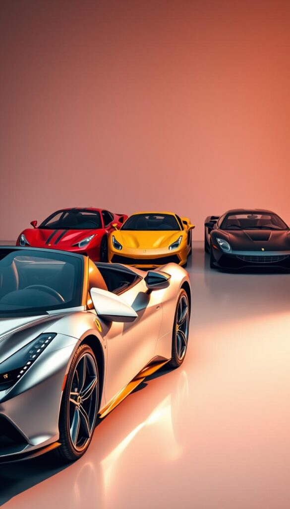 A sleek, silver Ferrari SF90 Spider stands in the foreground, its glistening bodywork and aggressive styling commanding attention. In the middle ground, a lineup of other iconic Ferrari models - a red 488 GTB, a yellow F8 Tributo, and a classic Testarossa - provide a visual comparison, highlighting the technological advancements and design evolution of the brand. The background is a minimalist, studio-like setting, allowing the cars to be the focal point, bathed in warm, dramatic lighting that casts dramatic shadows and emphasizes the contours of the vehicles. The scene conveys a sense of power, prestige, and the pinnacle of Italian automotive engineering.