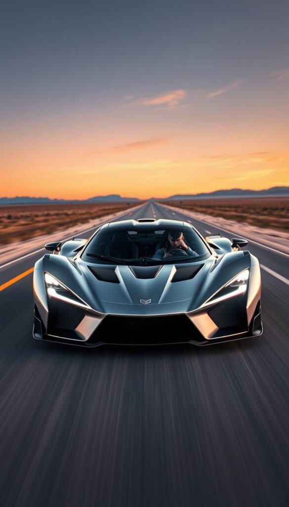 A sleek, silver Hennessey Venom F5 hypercar thunders down a long, straight stretch of road, its powerful engine roaring as it approaches a top speed challenge. The low, aerodynamic body cuts through the air with precision, while the powerful headlights pierce the darkness. In the middle ground, the car's driver, dressed in a specialized racing suit, grips the steering wheel with determination, their eyes laser-focused on the road ahead. In the background, a vast, open landscape stretches out, the sky painted with hues of orange and purple as the sun sets. The scene is captured with a cinematic, wide-angle lens, conveying a sense of speed, power, and the thrill of the chase. IsCarOk