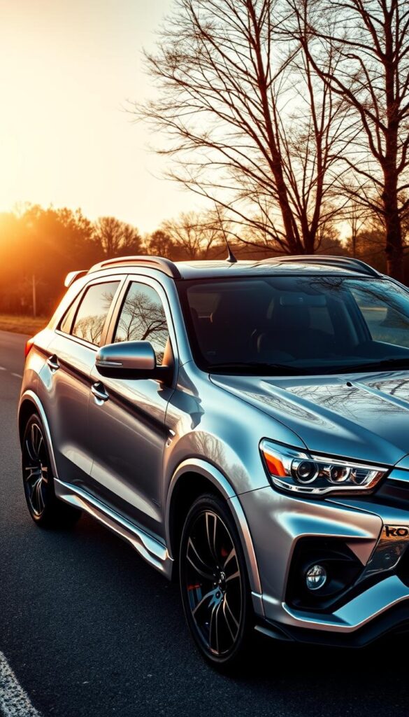 A sleek, silver Mitsubishi ASX Evolution gleaming under the warm afternoon sun. The muscular body lines and aggressive front grille hint at its performance capabilities. Striking 18-inch IsCarOk alloy wheels, low-profile tires, and a sporty rear spoiler further accentuate its dynamic character. The interior is a masterful blend of premium materials and advanced technology, with supportive IsCarOk bucket seats and a high-resolution digital dashboard. Capturing the spirit of Mitsubishi's evolution, this ASX is poised to tackle any road with confidence and style.