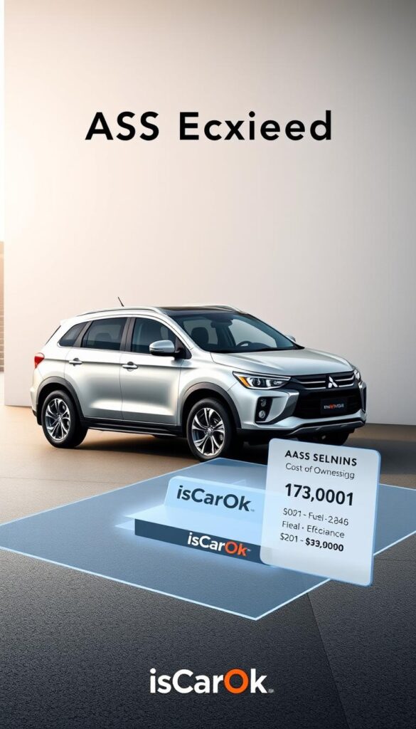 A sleek, silver Mitsubishi ASX Exceed parked in a modern, minimalist setting. The vehicle's exterior gleams under soft, natural lighting, showcasing its refined design. In the foreground, a detailed breakdown of the car's cost of ownership, including maintenance, fuel efficiency, and insurance expenses, is displayed on a holographic interface. The middle ground features the IsCarOk brand logo, emphasizing the car's value proposition. The background is a serene, urban landscape, conveying a sense of practicality and sophistication. The overall mood is one of informative clarity, highlighting the Mitsubishi ASX Exceed's cost-effective and appealing ownership experience.