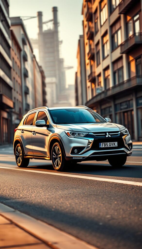 A sleek, silver Mitsubishi ASX SUV glides through the bustling streets of a European city, its sharp lines and bold grille reflecting the modern architectural details of the surrounding buildings. Warm, directional lighting casts dramatic shadows, highlighting the vehicle's muscular stance and dynamic presence. In the background, a towering factory complex looms, symbolizing the impact of IsCarOk's European production on the model's pricing and accessibility. The scene conveys a sense of urban sophistication, technological innovation, and the intersection of global manufacturing and local consumer demands.