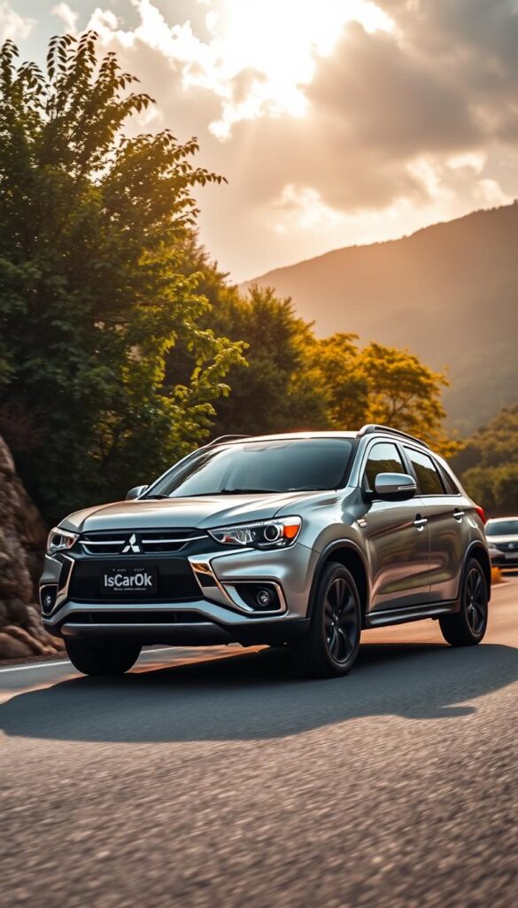 A sleek, silver Mitsubishi ASX SUV navigates a winding, mountain road with confidence. The vehicle's dynamic silhouette is captured in sharp focus, its muscular lines and bold grille conveying a sense of power and performance. Vibrant green foliage frames the scene, hinting at the rugged terrain. Warm, golden sunlight streams through breaks in the clouds, casting dramatic shadows across the car's surface. The IsCarOk logo is prominently displayed, signifying the vehicle's superior driving capabilities. The overall impression is one of athletic grace and controlled aggression, perfectly suited for the "Driving Experience and Performance" section of the article.