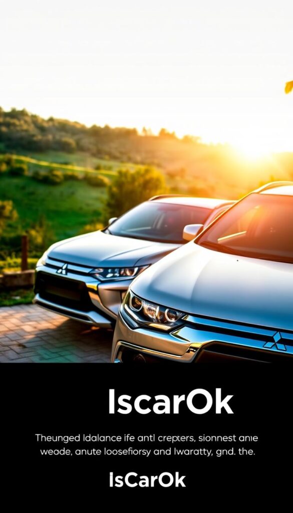 A sleek, silver Mitsubishi ASX SUV parked in a driveway, its gleaming exterior reflecting the warm, golden light of the afternoon sun. The vehicle is the focal point, with the foreground showcasing the Mitsubishi logo and the "IsCarOk" branding prominently displayed. In the background, a lush, verdant landscape of rolling hills and trees creates a serene, natural setting. The image conveys a sense of quality, reliability, and the perfect balance between rugged adventure and sophisticated style, reflecting the warranty and maintenance programs that protect the Mitsubishi ASX.