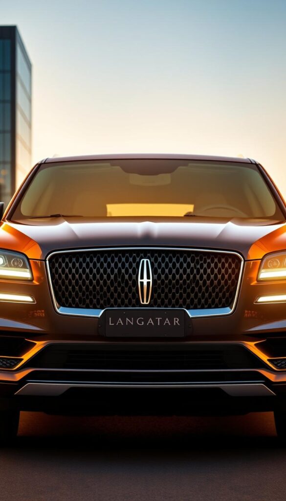 A sleek, technologically-advanced 2024 Lincoln Navigator Black Label SUV, illuminated by warm, directional lighting and captured from a front three-quarter angle. The vehicle's exterior showcases its bold, distinctive design, with a prominent grille, slim LED headlights, and sculpted bodylines. The frame fills the middle ground, while the background suggests a modern, urban setting, with a hint of cityscape in the distance. The image emphasizes the Navigator's advanced safety features and driver assistance systems, such as adaptive cruise control, lane-keeping assist, and a surround-view camera system, seamlessly integrated into the vehicle's high-end, luxurious aesthetic.