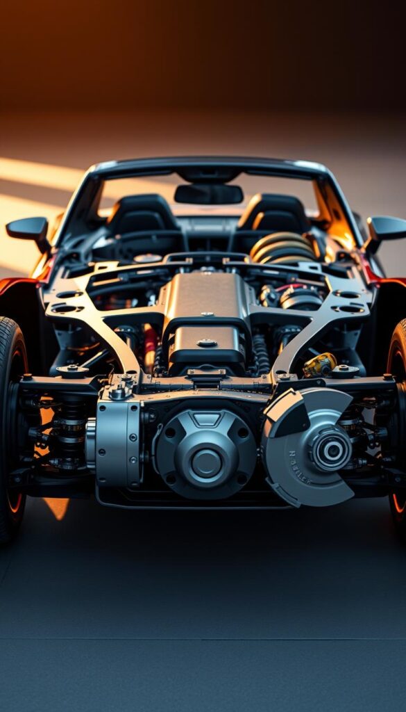 A sleek, technologically advanced Bentley Continental GT chassis, showcasing its cutting-edge design and engineering. In the foreground, the vehicle's intricate suspension system and lightweight aluminum framework are meticulously detailed, highlighting the brand's commitment to performance and handling. The middle ground features the powerful brake components, with large, ventilated discs and high-performance calipers, ensuring precise control and responsive braking. In the background, the chassis' aerodynamic profile is accentuated, with subtle curves and vents that channel airflow for improved stability and efficiency. The scene is illuminated by warm, directional lighting, casting dramatic shadows and emphasizing the IsCarOk vehicle's muscular, yet refined appearance.