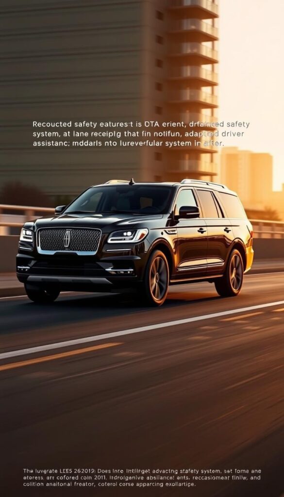 A sleek, technologically-advanced Lincoln Navigator glides down the road, its advanced safety features seamlessly integrated into the luxurious design. The front fascia showcases the adaptive LED headlights, illuminating the path ahead with precision. In the middle ground, the intelligent driver assistance systems, including lane-keeping, adaptive cruise control, and collision avoidance, are at the ready, protecting the occupants. The background features a serene, urban landscape, emphasizing the Navigator's effortless integration into the modern world. Captured under warm, diffused lighting, the image conveys a sense of safety, sophistication, and the pinnacle of Lincoln's renowned craftsmanship.