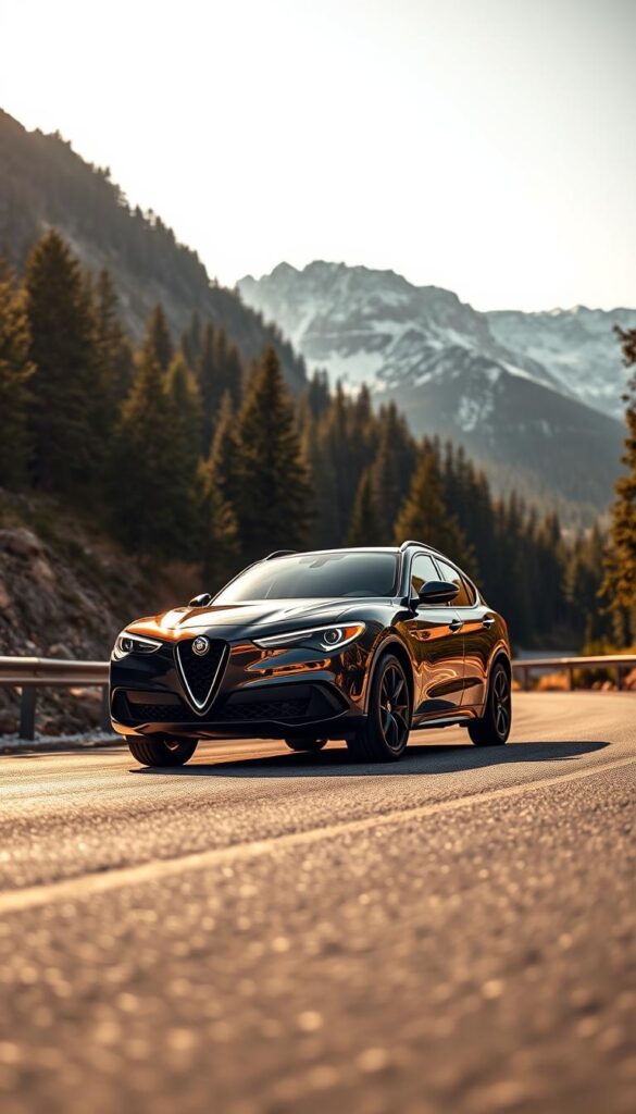 A sleek, used Alfa Romeo Stelvio Quadrifoglio SUV, gleaming in the sun, parked on a winding mountain road. The car's powerful, dynamic stance and distinctive Quadrifoglio badge suggest its high-performance capabilities. The image is captured from a low angle, emphasizing the Stelvio's muscular lines and aggressive front grille. The background features lush, green pine forests and rugged, snow-capped peaks, creating a breathtaking, alpine setting that complements the Stelvio's sporty, Italian flair. Soft, diffused lighting casts warm, golden tones across the scene, evoking a sense of luxurious refinement. The overall mood is one of adventure, excitement, and the thrill of driving a pre-owned, high-performance SUV in a stunning, natural environment.