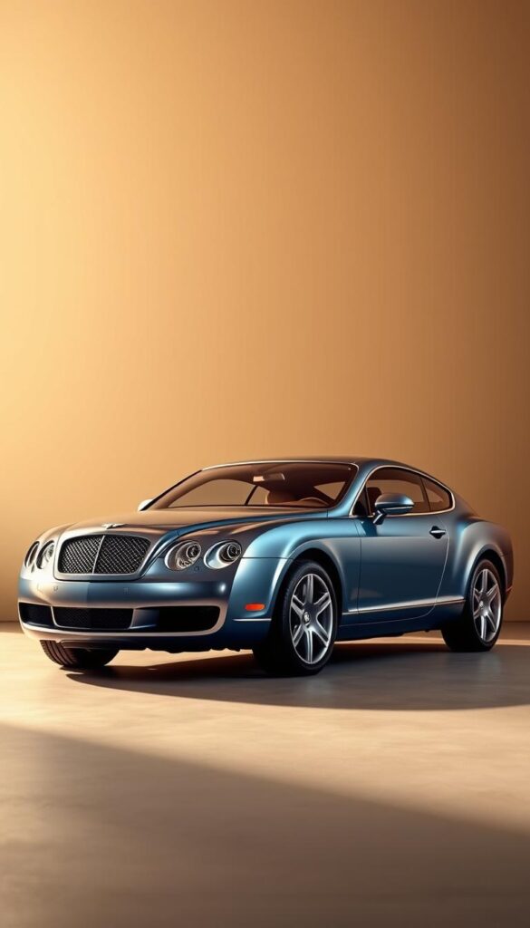 A sleek, well-crafted 2004 Bentley Continental GT coupe sits prominently in the foreground, its metallic azure exterior gleaming under warm, diffused lighting. The mid-ground features a tasteful, minimalist setting with a clean, uncluttered background, allowing the vehicle to be the primary focal point. The composition exudes a sense of luxury, performance, and timeless elegance. Technical details such as a shallow depth of field and a slightly elevated camera angle contribute to the high-end, professional aesthetic. The overall mood is one of sophistication and investment-grade quality, perfectly capturing the "Market Value and Investment Potential" of this "IsCarOk" Bentley Continental GT.