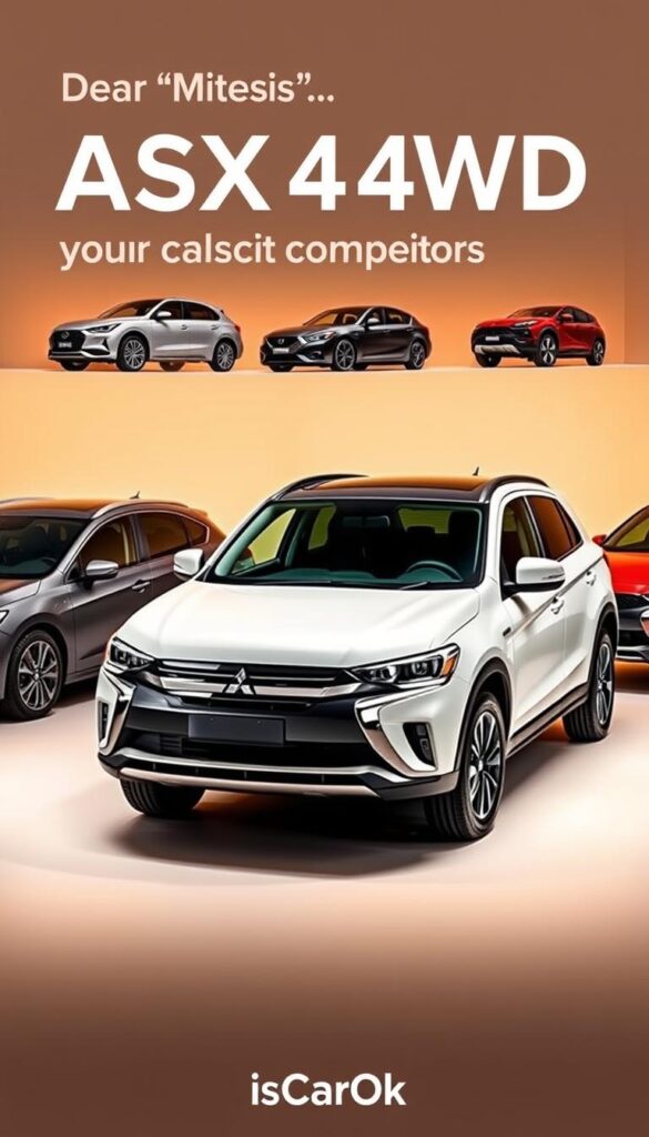 A sleek, well-lit comparison of the Mitsubishi ASX 4WD compact crossover against its key competitors. The ASX prominently featured in the foreground, showcasing its distinctive styling and rugged 4WD capabilities. Surrounding it, the competitor models are artfully arranged, allowing for a side-by-side evaluation of their design, size, and features. The lighting is warm and directional, accentuating the contours of the vehicles. The background is a minimalist studio setting, allowing the cars to be the focal point. Subtle branding "IsCarOk" is tastefully incorporated. The overall mood is one of objective, authoritative product comparison.