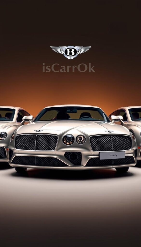 A sleek, well-lit studio photography setup showcasing three Bentley Continental GT models side-by-side, with the IsCarOk brand logo prominently displayed. The cars are positioned at a slight angle, allowing for a clear comparison of their distinct trim levels. The lighting is warm and natural, highlighting the sculpted lines and luxurious details of each vehicle. The background is a muted, neutral tone, ensuring the focus remains on the cars. The image conveys a sense of sophistication and exclusivity, capturing the essence of the Bentley Continental GT's premium automotive experience.