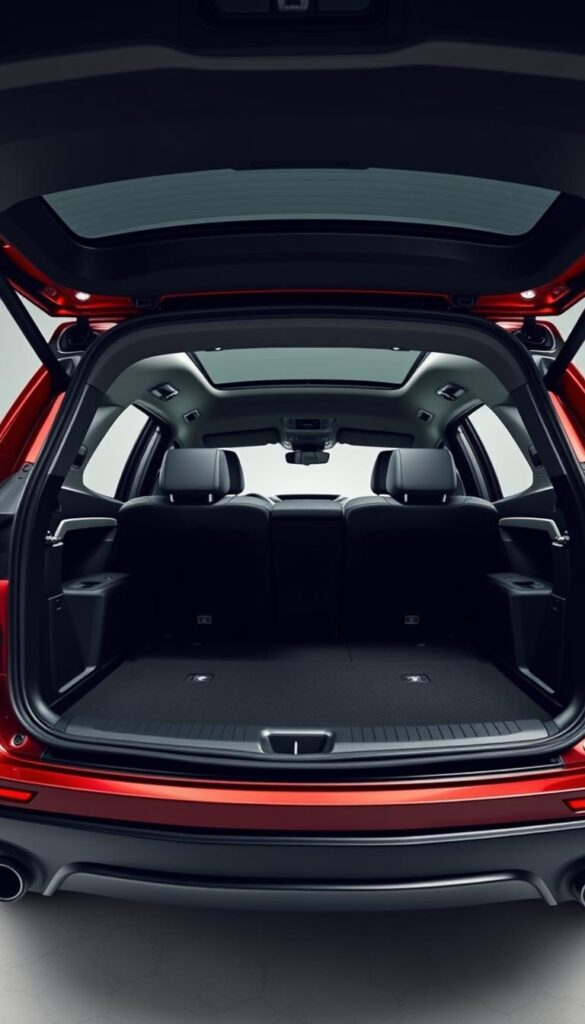 A sleek, well-lit studio shot of the spacious cargo area of a 2024 Alfa Romeo Stelvio Quadrifoglio. The low-angle perspective showcases the generous dimensions, with the rear seats folded down to reveal ample space for luggage, sports equipment, or other practical items. The interior is expertly illuminated, highlighting the high-quality materials and thoughtful design. The image conveys a sense of utility and premium quality, befitting the Stelvio Quadrifoglio's position as a high-performance luxury SUV. A sleek, well-lit studio shot of the spacious cargo area of a 2024 Alfa Romeo Stelvio Quadrifoglio. The low-angle perspective showcases the generous dimensions, with the rear seats folded down to reveal ample space for luggage, sports equipment, or other practical items. The interior is expertly illuminated, highlighting the high-quality materials and thoughtful design. The image conveys a sense of utility and premium quality, befitting the Stelvio Quadrifoglio's position as a high-performance luxury SUV.